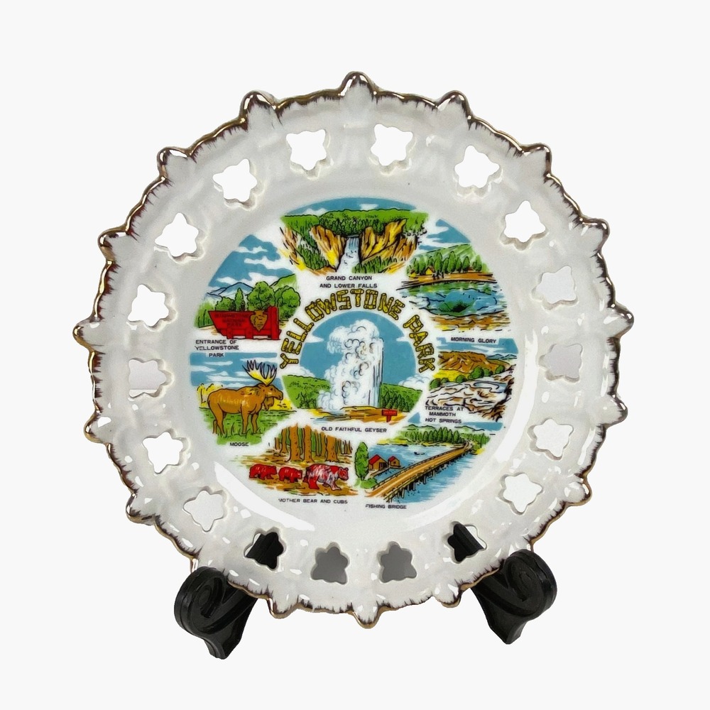 Vintage Yellowstone Park Souvenir Plate Porcelain 8.5" Old Faithful, Animals 80s